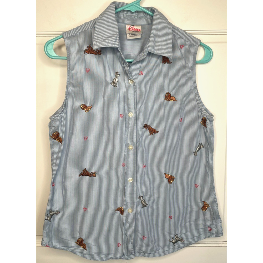 VTG Disney Women's Lady & the Tramp Embroidered Button-Up Sleeveless Shirt Sz S